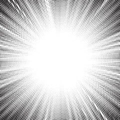 Fototapete - Halftone gradient sun rays pattern. Abstract halftone vector dots background. monochrome dots pattern. Vector background in comic book style with sunburst rays and halftone. Retro pop art design.