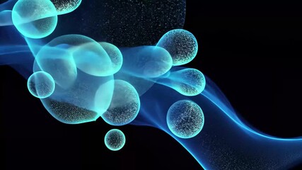 Poster - Dynamic blue light spots dance across a smooth black background, creating a mesmerizing visual effect, blue light spots moving on black background
