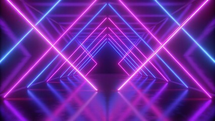 Poster - 3d render, pink blue neon lines, geometric shapes, virtual space, empty room, ultraviolet light, 80's style, retro disco, fashion laser show, abstract background in a futuristic digital environment