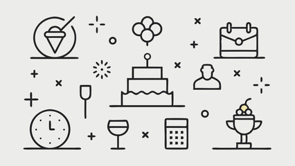 Poster - Event planning line icon set in vector format featuring editable illustrations of celebration elements, organization tools, and creative event visuals