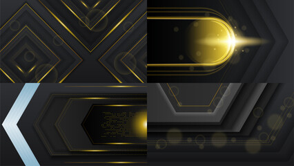 Poster - Set Abstract Collection Dark Black Gold Material Modern Background With Golden Lines Stripes Shadows Backdrop Wallpaper Decoration Vector Design Style