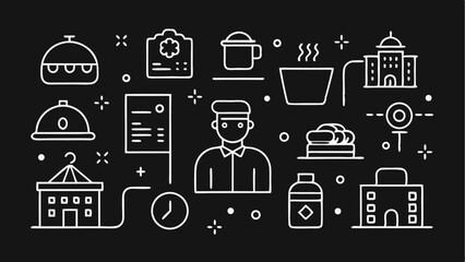 Poster - Line icon set for hotels and hospitality with editable vector illustrations of front desks, bell services, and travel accommodations for tourism-related design