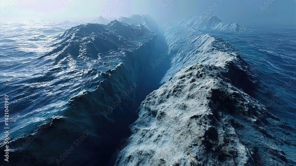 The deep sea ocean floor reveals a dramatic landscape of rugged ridges ...