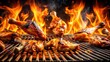 © paramet - Sizzling chicken legs and wings on the grill with flames, roasted chicken, kitchen,  roasted chicken, kitchen, meat