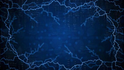 Poster - Concept background Digital Technology. Cybersecurity data protection has binary fractal lightning code. dark blue background. Abstract network visualization, secure coding, futuristic encryption