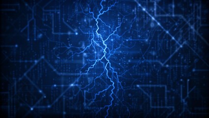 Poster - Concept background Digital Technology. Cybersecurity data protection has binary fractal lightning code. dark blue background. Abstract network visualization, secure coding, futuristic encryption
