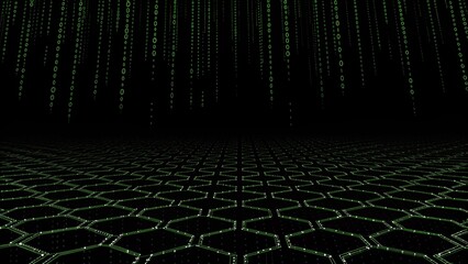 Poster - Digital binary code matrix background, 3D rendering of a scientific technology data binary code network conveying connectivity, complexity and data flood of modern digital age, futuristic cyberspace