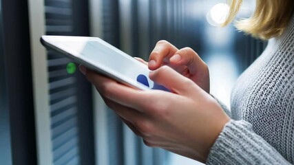 Poster - Data processing with a caucasian female worker in a modern server room during office hours, data processing over caucasian female worker using tablet in server room