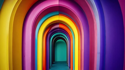 Poster - Colorful rainbow arches create a vibrant tunnel of hues in urban space captured in bright daylight, Colorful rainbow arches with vibrant gradient hues