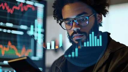 Poster - Biracial man analyzing stock market trends on smartphone in modern workspace during the evening, stock market and diagrams over biracial man using smartphone