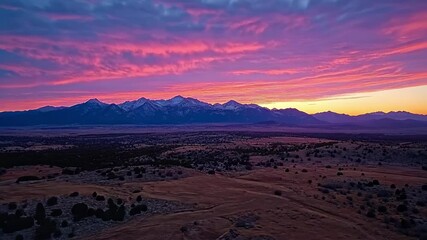 Poster - Colorful sunset sky paints the rocky mountains and valley in vibrant hues, Colorful sunset sky over rocky mountains and valley drone shot