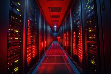 Poster - Server room with blinking red and yellow lights on the equipment racks. It can illustrate technology, data centers, or cybersecurity concepts.