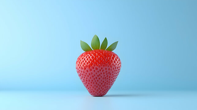 Single Red Strawberry on Light Blue Background