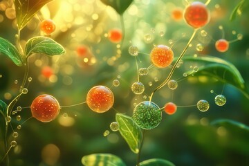 Poster - Green plants interconnected with glowing, colorful molecular structures. Illustrates scientific concepts or a holistic view of nature and technology.
