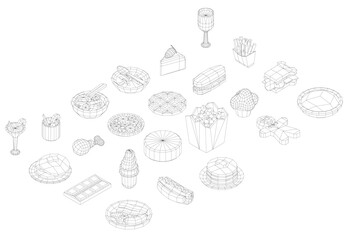 Poster - A table with many different shaped plates and bowls. The table is filled with various types of food and drinkware. Isometric view