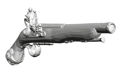 Poster - A silver gun with a black handle. The gun is a replica of a pistol. The gun is in a black and white illustration. 3D