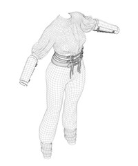 Poster - A woman's cloth is shown in a black and white drawing. The drawing is of a woman wearing a white shirt and black pants. The woman's arms are crossed, and she is standing with her hands on her hips
