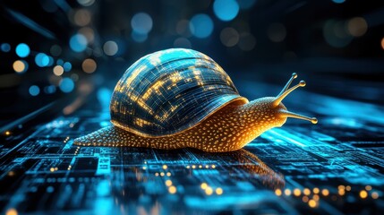 Aufkleber - Glowing snail crawls slowly across a digital circuit board. Use to visualize slow internet, progress, or outdated technology.