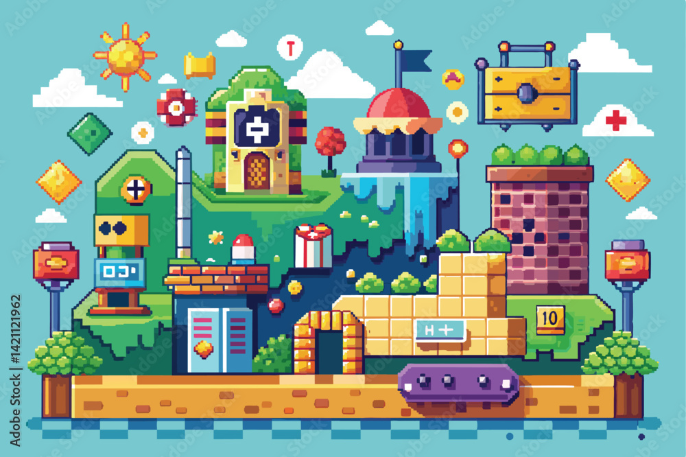 Vibrant pixel art landscape depicting a retro video game level ...