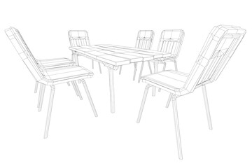Poster - A black and white drawing of a table with chairs around it. The chairs are all different sizes and shapes, and the table is rectangular. Scene is simple and minimalistic