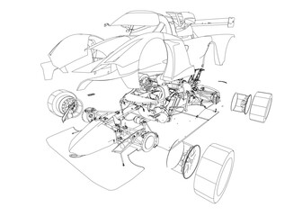 Poster - A drawing of a disassembled car with a lot of detail. The drawing is black and white