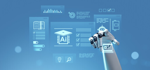Poster - robotic hand interacting with digital ai education interface on blue background.