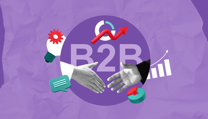 Poster - B2B collaboration concept with handshake and growth elements on purple background.