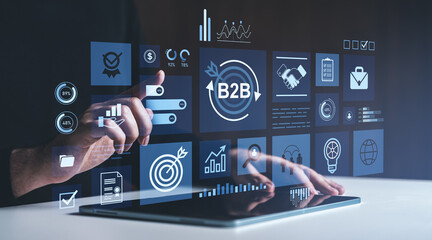 Poster - Business person using interactive B2B analytics interface on digital tablet screen.