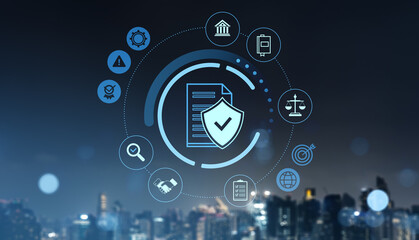 Poster - Data protection and compliance icons concept on digital interface over cityscape.