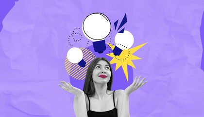 Poster - Creative woman with light bulb ideas on textured purple backgrou