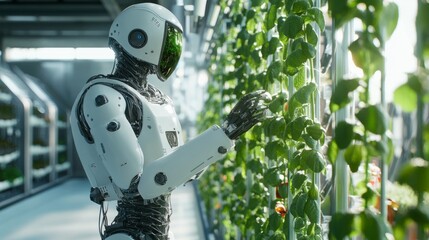 Poster - Advanced agricultural robot adjusting nutrient levels in a vertical farming setup inside a futuristic greenhouse