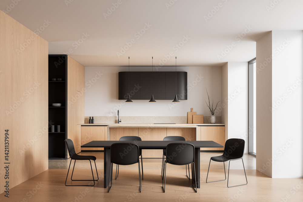 Modern minimalist kitchen interior with wooden cabinets, matte ...