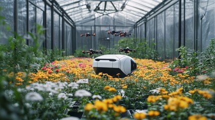 Poster - Autonomous greenhouse with a sleek robot deploying tiny drones to pollinate flowers in a sealed environment