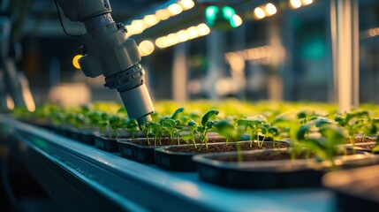 Poster - Clean, glowing greenhouse with robotic arms carefully planting seeds into nutrient-rich trays on a conveyor system