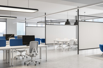 Poster - Modern open-plan office interior with collaborative workstations and meeting area, featuring clean white design and blue accents. 3D Rendering