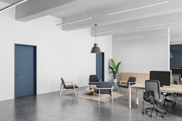 Poster - modern office interior with minimalist furniture, blue doors, plants, and gray flooring in open-plan
