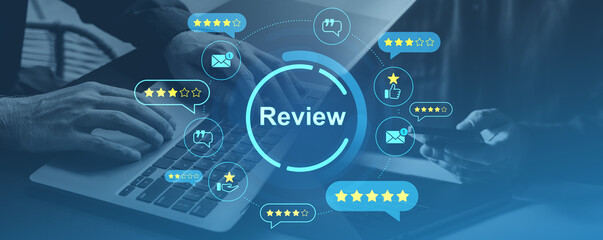 Poster - Customer feedback and online review concept with rating icons on digital interface.