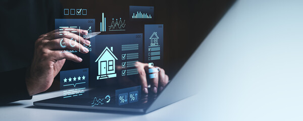 Poster - Futuristic digital real estate analytics interface with holographic charts and data on creative background with modern technology theme concept.