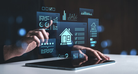 Poster - Digital real estate analytics interface with futuristic data visuals and touchscreen interaction on modern tablet background in creative workspace setup.