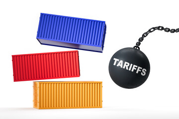 Poster - 3D concept of economic impact showing a wrecking ball labeled tariffs crashing into colorful cargo containers on white background. 3D Rendering