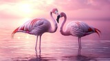 two flamingos standing in the water at sunset