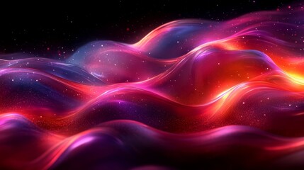 Poster - Abstract digital art depicting flowing waves of vibrant red, orange, and purple hues with a cosmic starry background
