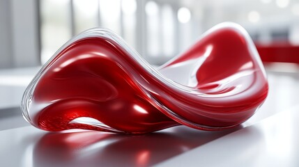 Aufkleber - Red and white abstract glass sculpture with smooth curves on a white surface bathed in natural light indoors