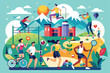 © Aupurbo - Colorful illustration showcasing various outdoor activities in a city park, promoting fitness, health, and an active lifestyle among diverse groups enjoying nature.