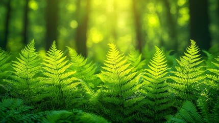 A field of green ferns in a forest with the sun shining through the trees