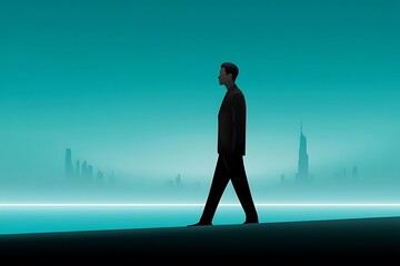 Wall Mural - businessman walking towards futuristic cityscape.