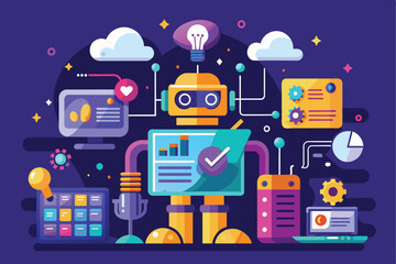 Poster - Vibrant illustration of a playful robot with digital devices, charts, and interfaces, representing innovation, technology, and futuristic concepts in a colorful setting.