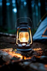 Wall Mural - Vintage lantern illuminating campsite in forest at dusk with tent in background