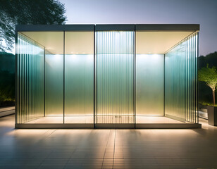 Poster - Modern glass structure with illuminated panels at dusk
