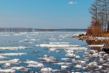 water landscape, spring ice melting on a warm april day.